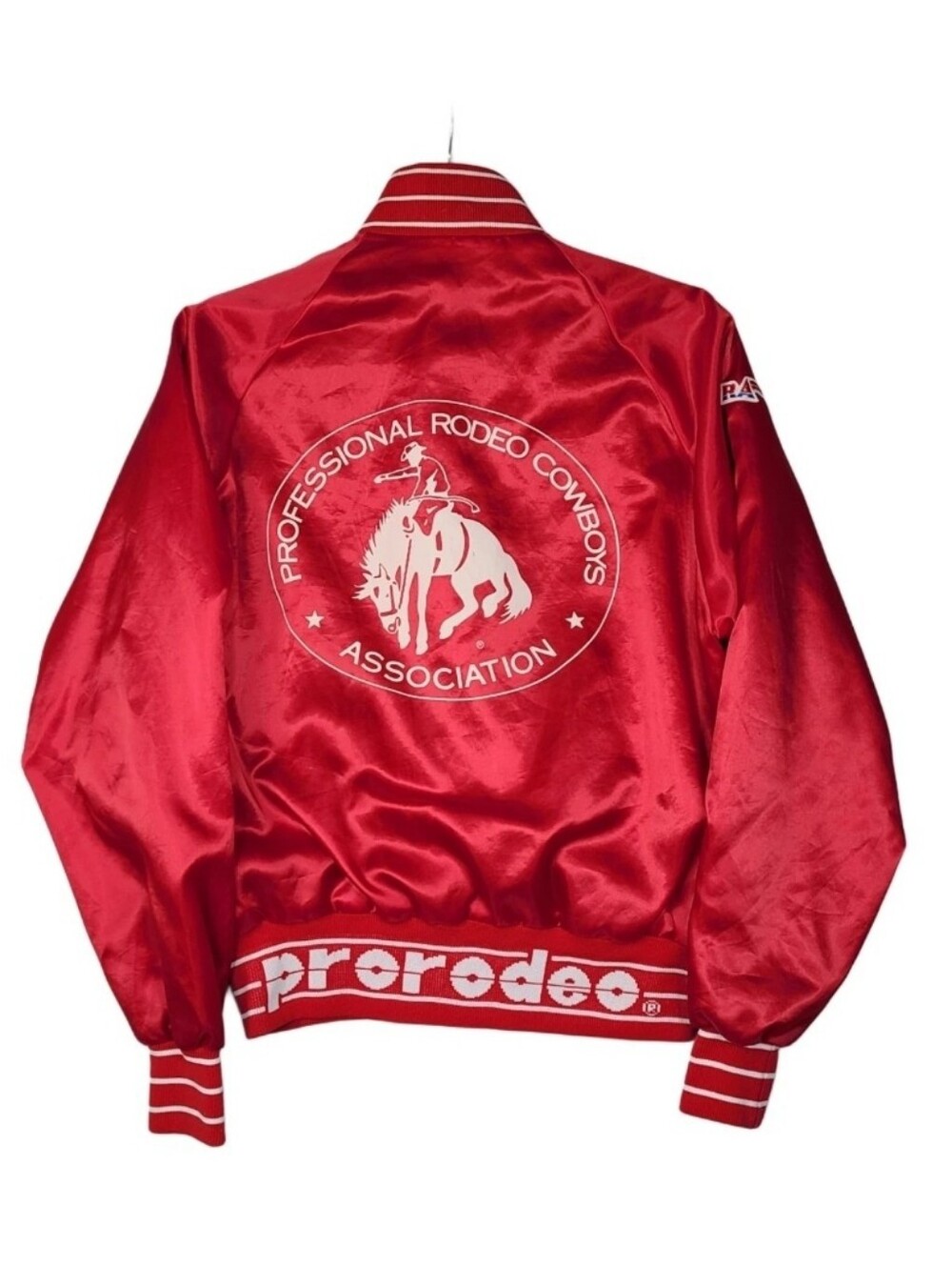 Vintage Professional Rodeo Cowboys Jacket Mens Small PRCA Satin Varsity Red 80s